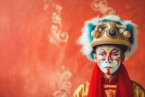 Azië Mens Bij festival vervelend traditioneel Chinese gemaskeerd kostuum, in Chinese nieuw jaar festival , kopiëren ruimte ,generatief ai foto