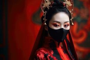 Azië vrouw Bij festival vervelend traditioneel Chinese gemaskeerd kostuum, in Chinese nieuw jaar festival , kopiëren ruimte ,generatief ai foto