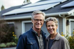 gelukkig paar staat glimlachen van een huis met zonne- panelen geïnstalleerd, generatief ai. foto