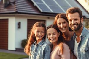 gelukkig familie staat glimlachen van een huis met zonne- panelen geïnstalleerd, generatief ai. foto