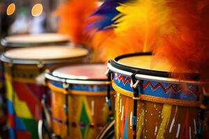 carnaval muziek- gespeeld Aan drums door kleurrijk gekleed muzikanten ,generatief ai foto