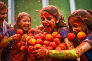 viering van Spaans traditie en cultuur.spanje beroemd tomaat strijd festival ,generatief ai foto