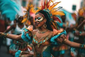 een mooi vrouw dansen Aan de straten gedurende braziliaans carnaval ,generatief ai foto