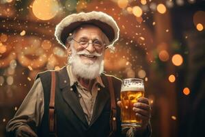 senior Mens Holding bier, oktoberfeest achtergrond, generatief ai foto