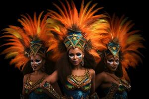 drie vrouw in braziliaans samba carnaval kostuum met kleurrijk veren gevederte , Braziliaans carnaval ,generatief ai foto