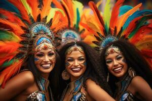 drie vrouw in braziliaans samba carnaval kostuum met kleurrijk veren gevederte , Braziliaans carnaval ,generatief ai foto