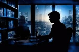 silhouet portret een zakenman op zoek naar mentaal Verlichting in kantoor ruimte ,generatief ai. foto