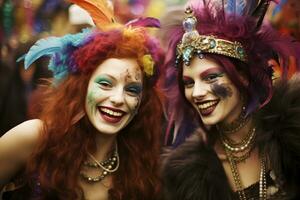 gelukkig groep s vrienden, mardi gras, nieuw orleans, Verenigde Staten van Amerika generatief ai foto