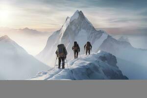 een groep van klimmers beklimmen de bergen in winter ,generatief ai foto