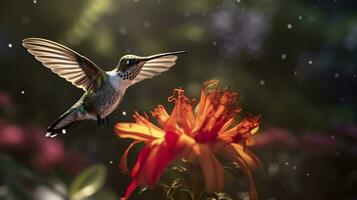 kolibrie vliegend naar plukken omhoog nectar van een mooi bloem. digitaal kunstwerk. ai generatief foto