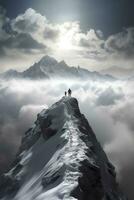 Mens Aan top van berg, wandelen door wolken, ai generatief foto