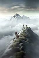 Mens Aan top van berg, wandelen door wolken, ai generatief foto