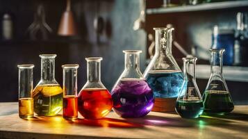 chemie experiment met laboratorium kolven. ai generatief foto