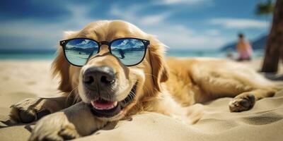 gouden retriever hond is Aan zomer vakantie Bij kust toevlucht en ontspannende rust uit Aan zomer strand van Hawaii. ai generatief foto