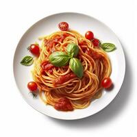 heerlijk bord van spaghetti met tomaat saus Aan een wit achtergrond generatief ai foto