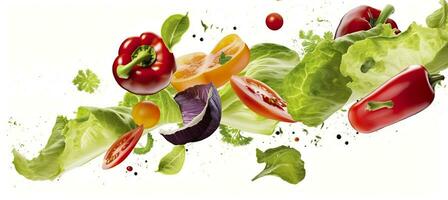 vallend groenten, salade van klok peper, tomaat, en sla bladeren. generatief ai foto