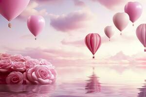 helder roze etherisch bewolkt landschap, harten, rozen, ballonnen, en bruiloft concept. generatief ai foto