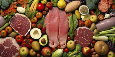 verschillend types van vlees, groenten, en fruit leggen in supermarkten. generatief ai foto