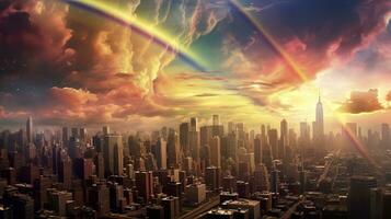 Rainbo lucht over- futuristische stad. generatief ai foto