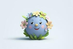 3d schattig aarde met bloem Aan wit achtergrond. planeet aarde dag of milieu dag concept. ai generatief foto