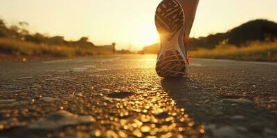 dichtbij omhoog Aan de schoen, loper atleet voeten rennen Aan de weg onder zonlicht in de ochtend. ai generatief foto