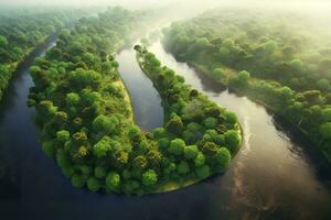 antenne visie van de amazonas oerwoud landschap met rivier- kromming. generatief ai foto
