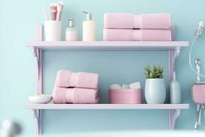 een pastel badkamer plank met roze huidsverzorging producten, kopiëren ruimte, banier, roze en pastel blauw helder palet, barbiecore. ai generatief foto
