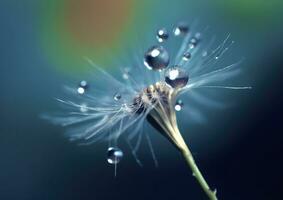 mooi dauw druppels Aan een paardebloem zaad macro. mooi blauw achtergrond. generatief ai foto