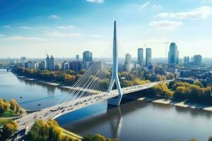 antenne visie van de brug over- de daugava rivier- in riga, Letland. antenne dar visie naar tuimelschakelaar siekierkowski brug over- de vistula rivier- en Warschau stad wolkenkrabbers, ai gegenereerd foto