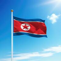 golvend vlag van noorden Korea Aan vlaggenmast met lucht achtergrond. foto
