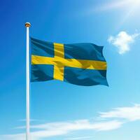 golvend vlag van Zweden Aan vlaggenmast met lucht achtergrond. foto