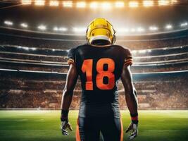 Amerikaans Amerikaans voetbal speler vervelend in uniform Aan backdrop stadion ai gegenereerd foto