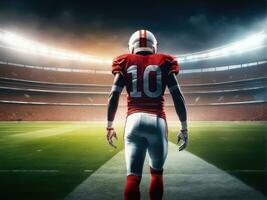 Amerikaans Amerikaans voetbal speler vervelend in uniform Aan backdrop stadion ai gegenereerd foto