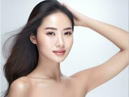 jong Aziatisch schoonheid vrouw met perfect huid Aan geïsoleerd wit achtergrond foto