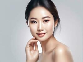 jong Aziatisch schoonheid vrouw met perfect huid Aan geïsoleerd wit achtergrond foto