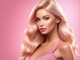 schattig blond meisje, pop stijl in mode roze jurk, studio roze achtergrond foto