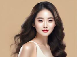 jong Aziatisch schoonheid vrouw met Koreaans bedenken stijl. perfect huid Aan geïsoleerd beige achtergrond. ai gegenereerd foto