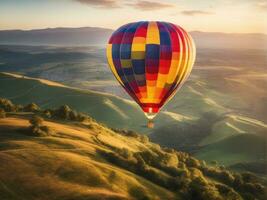 kleurrijk heet lucht ballon vliegend over- berg ai gegenereerd foto