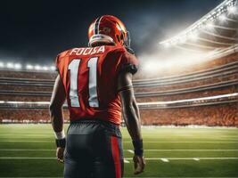 Amerikaans Amerikaans voetbal speler vervelend in uniform Aan backdrop stadion ai gegenereerd foto