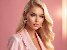 schattig blond meisje, pop stijl in mode roze jurk, studio roze achtergrond ai gegenereerd foto