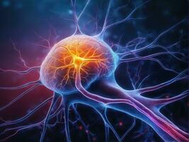 neuronen communiceren met elk andere gebruik makend van elektrochemisch signalen, zenuw cel, ai gegenereerd foto
