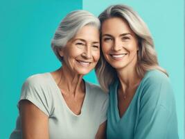 gelukkig senior vrouw genieten van in van dochter genegenheid Aan moeder dag. gegenereerd beeld foto