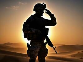 silhouet van een soldaat groeten gedurende zonsondergang ai gegenereerd foto