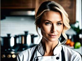 vrouw chef poseren De volgende naar een tafel in keuken. studio foto ai gegenereerd