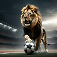 mooi leeuw met voetbal bal, woedend leeuw in stadion achtergrond. ai gegenereerd foto