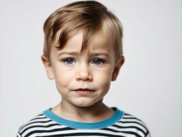 portret van jong verdrietig beledigd huilt jongen kind kind Aan studio achtergrond ai gegenereerd foto