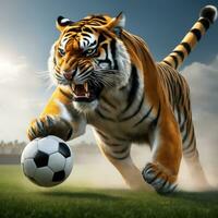 mooi tijger met voetbal bal, woedend tijger in stadion achtergrond. ai gegenereerd foto