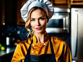 vrouw chef poseren De volgende naar een tafel in keuken. studio foto ai gegenereerd