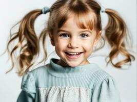 portret van jong opgewonden geschokt gek glimlachen meisje kind kind Aan wit achtergrond ai gegenereerd foto