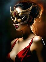 illustratie van een vrouw in masker in dramatisch licht ai gegenereerd foto